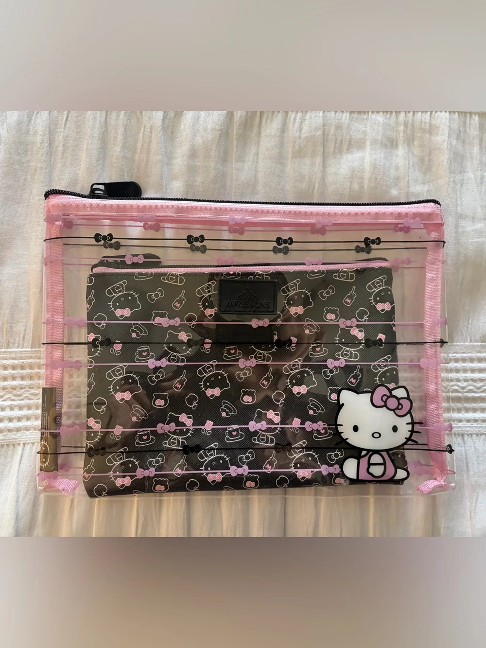 IMPRESSIONS Hello Kitty Slim Pouch Set Black/ Pink Cosmetic Makeup Bag